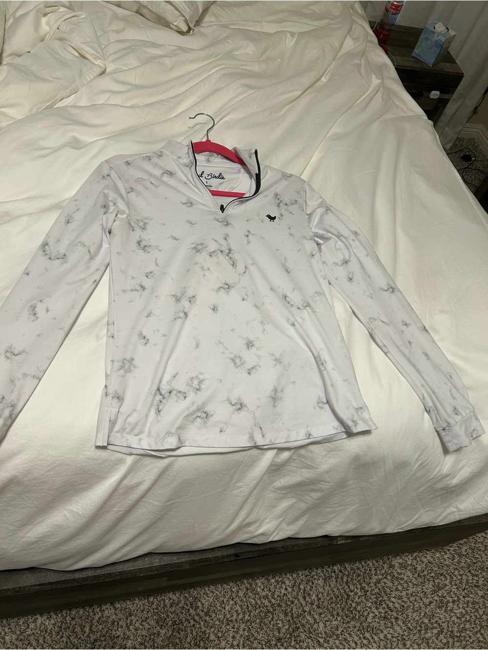 Bad Birdie White Marble-Print Pullover with Black Logo
